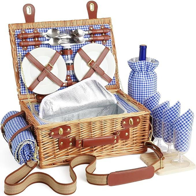 Wicker Picnic Basket set for 4 Person with Cooler Compartment and Waterproof Picnic Blanket,Remov... | Amazon (US)