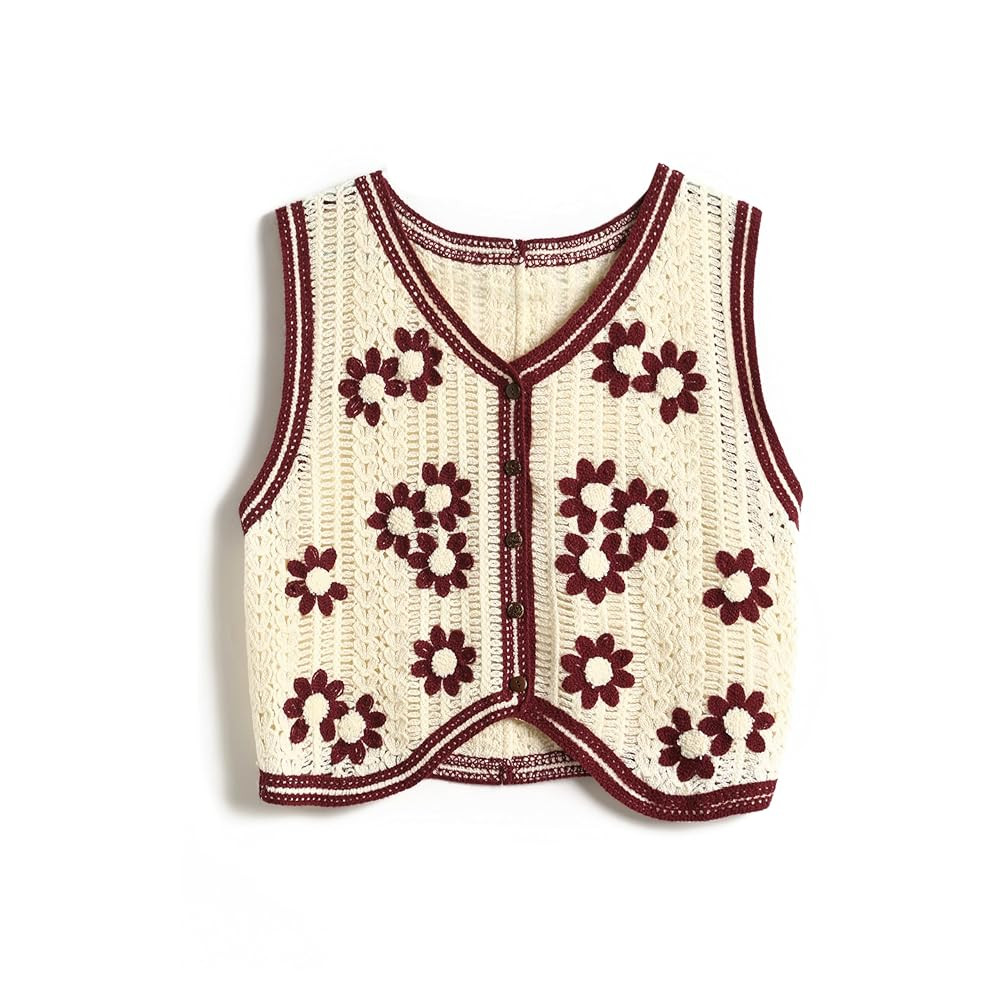 Women's Crop Crochet Vest Top Summer Button V Neck Embroidered Knit Sleeveless Sweater Vest | Amazon (US)