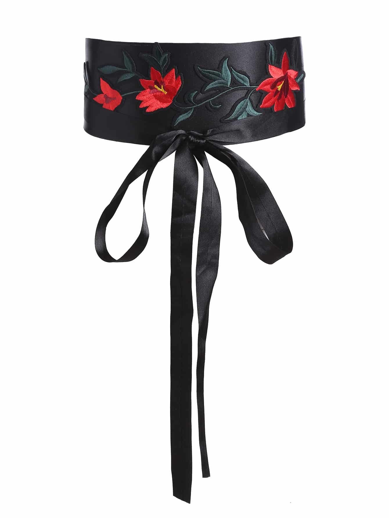 Flower Embroidery Bow Front Obi Belt | ROMWE