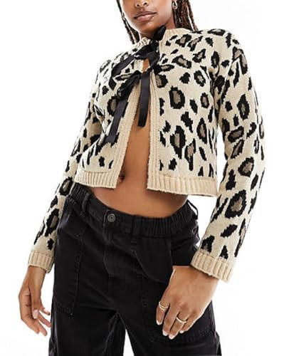 Leopard Print Bow Tie Cardigans for Women Long Sleeve Crewneck Crop Knit Cardigan Sweaters Casual Vintage Coat(Beige,S) | Amazon (US)