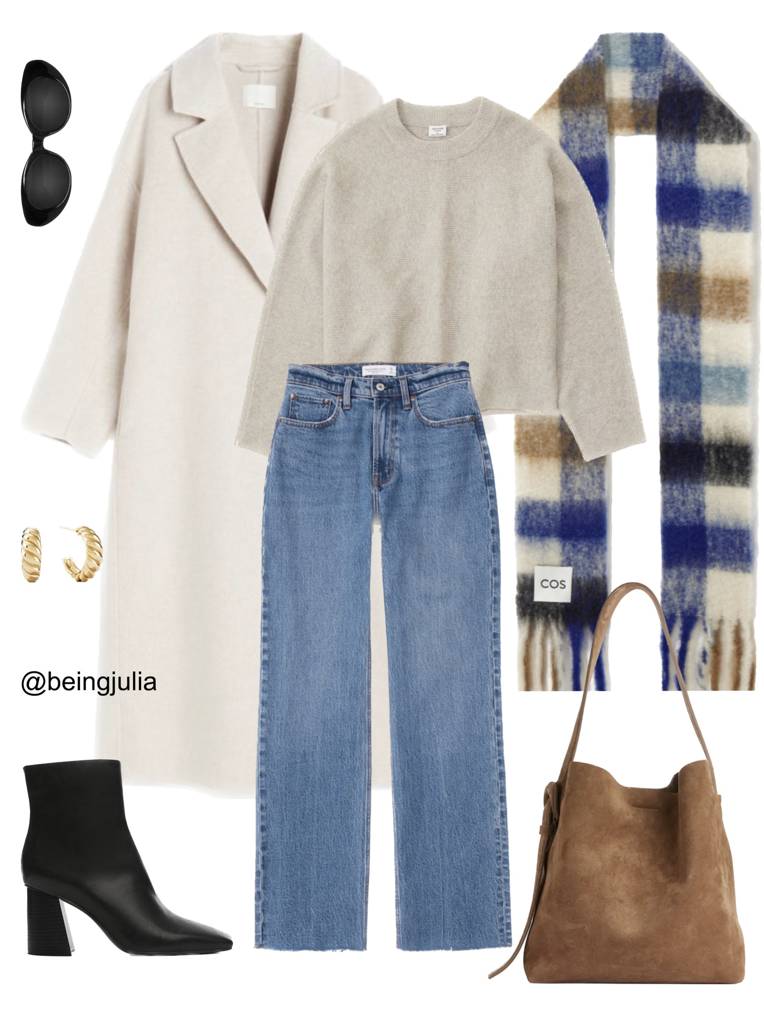 Fall outfit inspiration! Details below:
-Long wool blend coat in light beige from H&M
-Dolman crew sweater in brown from Abercrombie 
-90s relaxed jeans in medium blue from Abercrombie 
-Suede tote bag in brown from Arket
-Mohair blend plaid scarf from COS
-Black pointed toe ankle boots from Mango
-Celine Triomphe 52mm sunglasses in black acetate 
-Mejuri croissant dome hoop earrings 

#LTKstyletip #LTKSeasonal #LTKBacktoSchool