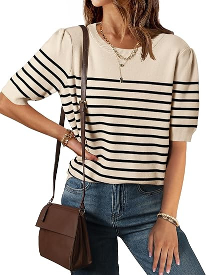 ZESICA Women's Casual Striped Tops Short Sleeve Crew Neck Ribbed Knit T Shirts Comfy Loose Basic ... | Amazon (US)