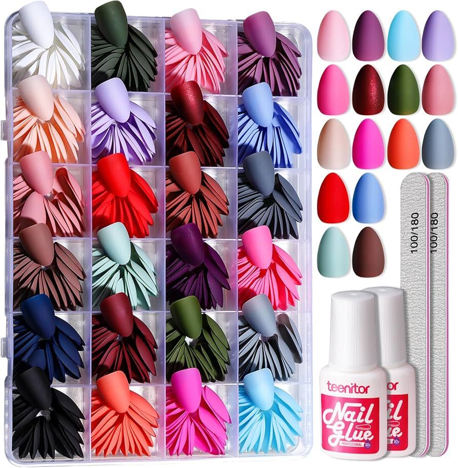 Press on Nails, Teenitor Short Amond Press on Nails, Matte Acrylic Fake Nails with Nail Glue, 24 ... | Amazon (US)