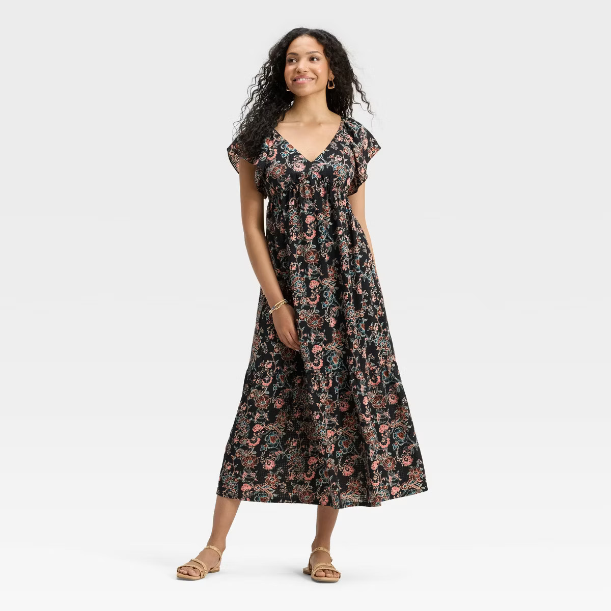 Women's Flutter Short Sleeve Maxi A-Line Dress - Universal Thread™ Black Floral | Target