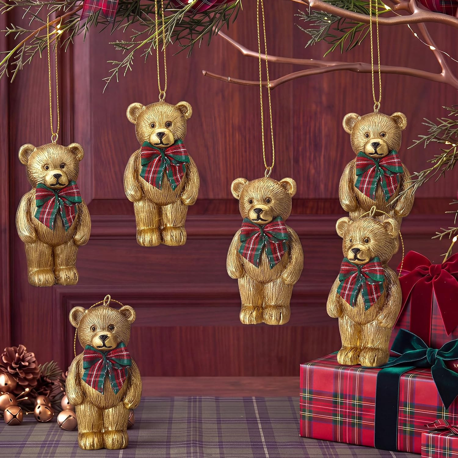 Junkin 6 Pcs Brass Bear Xmas Tree Ornaments, Red Green Plaid Bow | Amazon (US)