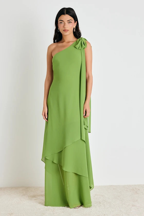 Camellia Bright Green One-Shoulder Bow Maxi Dress | Lulus