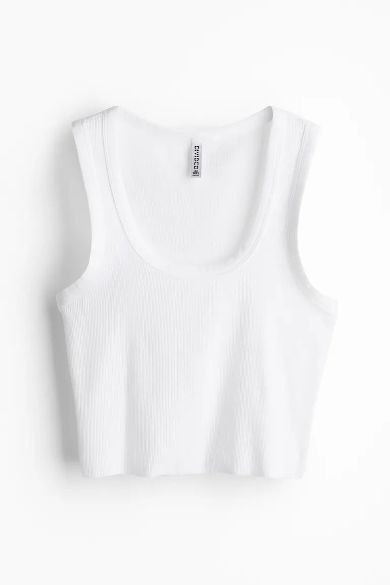 Short Tank Top - Low-cut Neckline - Sleeveless - White - Ladies | H&M US | H&M (US + CA)
