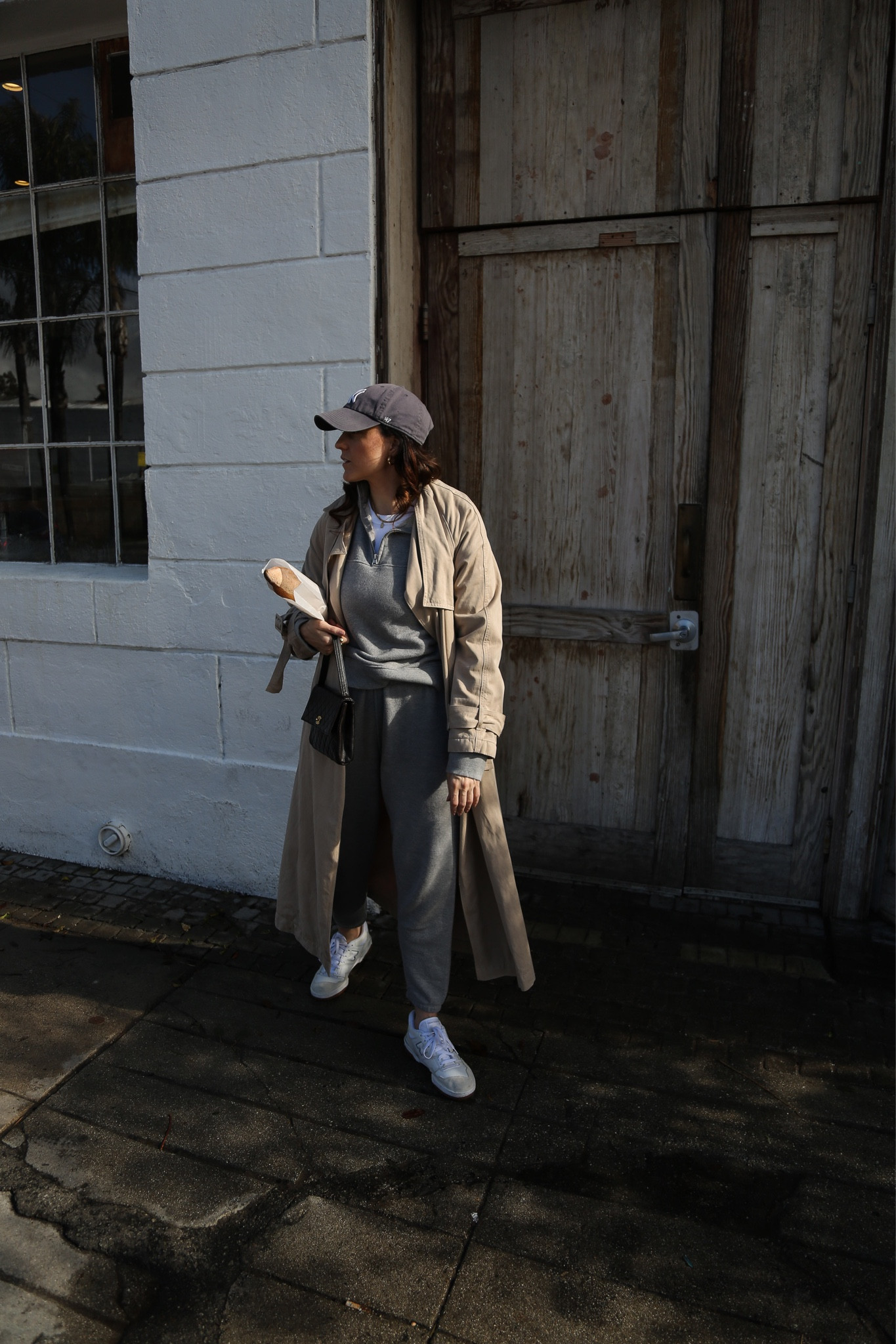 Trench coat and sweatpants and half zip outfit (I size up one size to medium in the top and two sizes to a large in the bottoms; use code ALYSSA15 for 15% off)