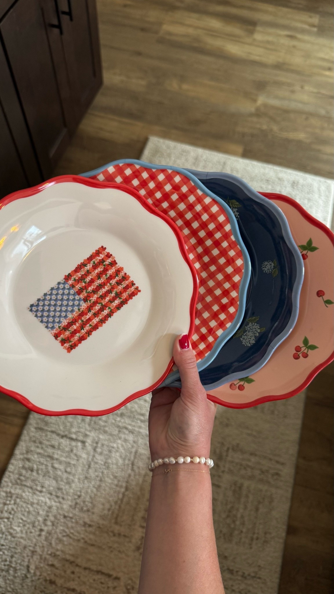 I ordered these for our little picnics! They are desert size but I feel like they are larger and would work for your typical meal! 
They are melamine so they won’t break!