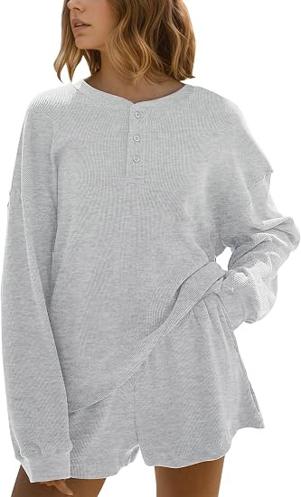 MISSACTIVER Waffle Knit Lounge Sets for Women Long Sleeve Oversized Sweatshirt Elastic Waist Shor... | Amazon (US)