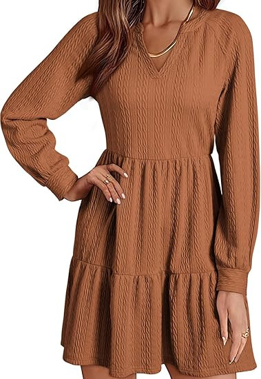 Dokotoo Womens Dresses 2024 Long Sleeve V Neck Textured Casual Tiered Ruffle A-Line Swing Mini Ba... | Amazon (US)