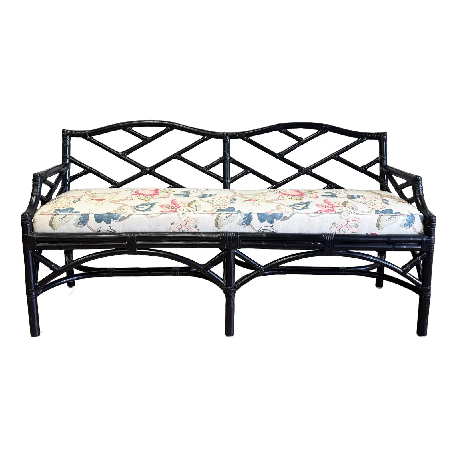 Chinoiserie Style Fretwork Upholstered Rattan Bench | Chairish
