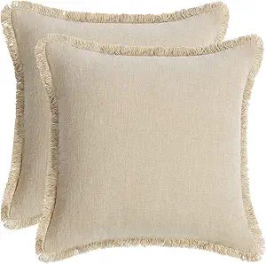 AmHoo Pack of 2 Linen Pillow Covers with Tassels Fringed Decorative Rustic Natural Throw Pillowca... | Amazon (US)