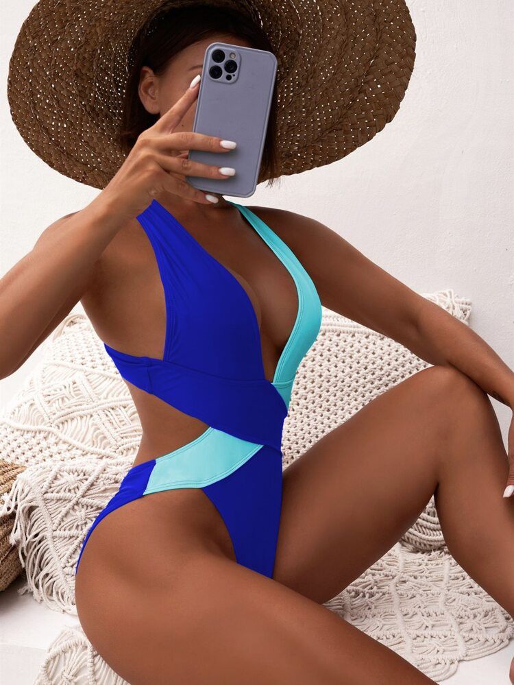Color Block Criss Cross Ruched One Piece Swimsuit | SHEIN