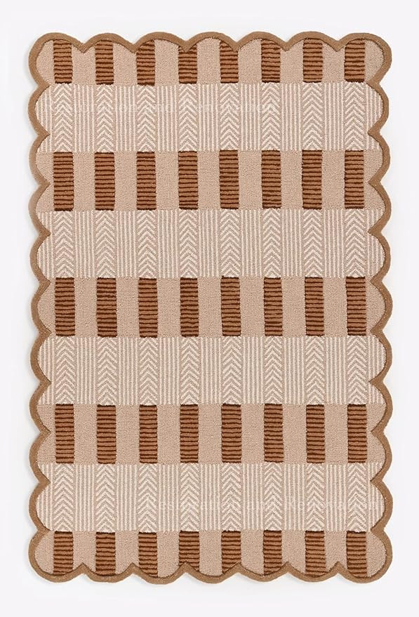 Amazon.com: Handmade Scalloped Wool Area Rug - Modern Geometric Pattern, Green-Beige Stripes, Che... | Amazon (US)