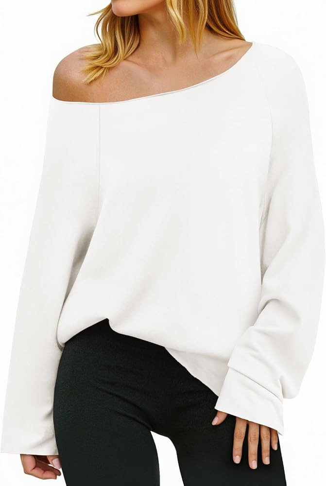 Fisoew Womens Off The Shoulder Tops Sweatshirts Lightweight Oversized Pullovers Long Sleeve Y2k L... | Amazon (US)