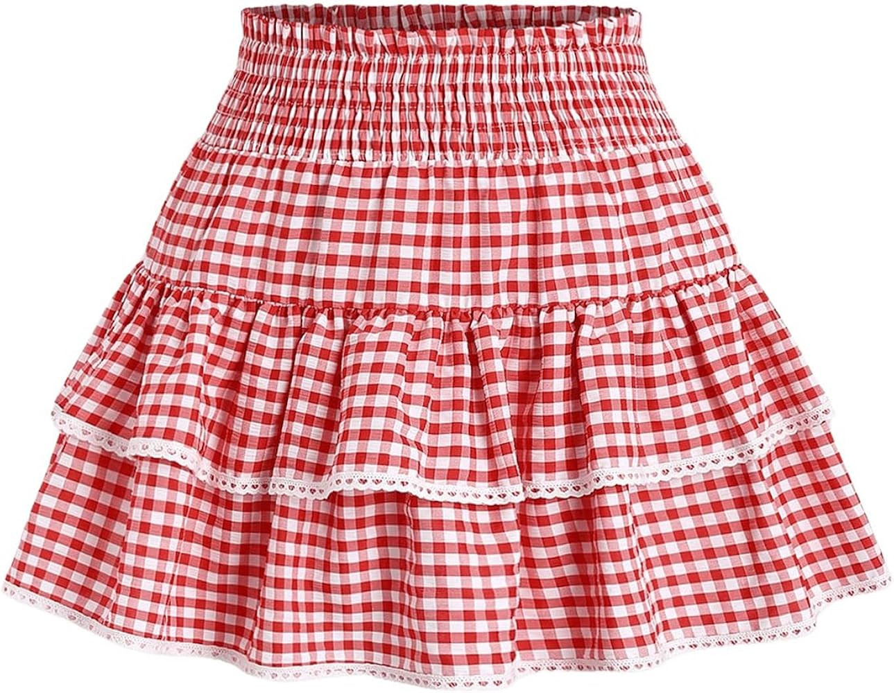 BEAUDRM Women's Y2K Gingham Skirt Plaid Ruffle High Waist A-Line Cake Mini Skirts with Lace Hem | Amazon (US)