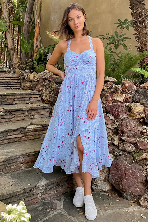 Afternoon Romance Dusty Blue Floral Print Ruffled Midi Dress | Lulus (US)