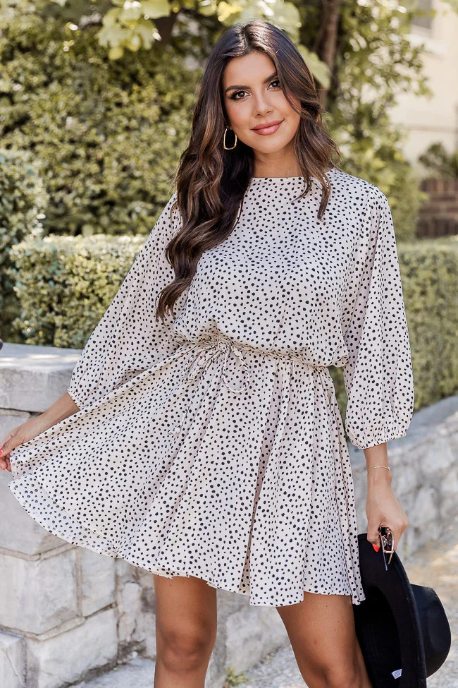 Just Can't Say Goodbye Beige Spotted Mini Dress | Pink Lily