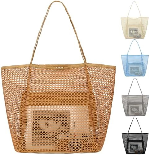 Mesh Beach Bag, Large Beach Tote with Zipper Pocket for Family Pool Bag for Toys & Vacation Essen... | Amazon (US)