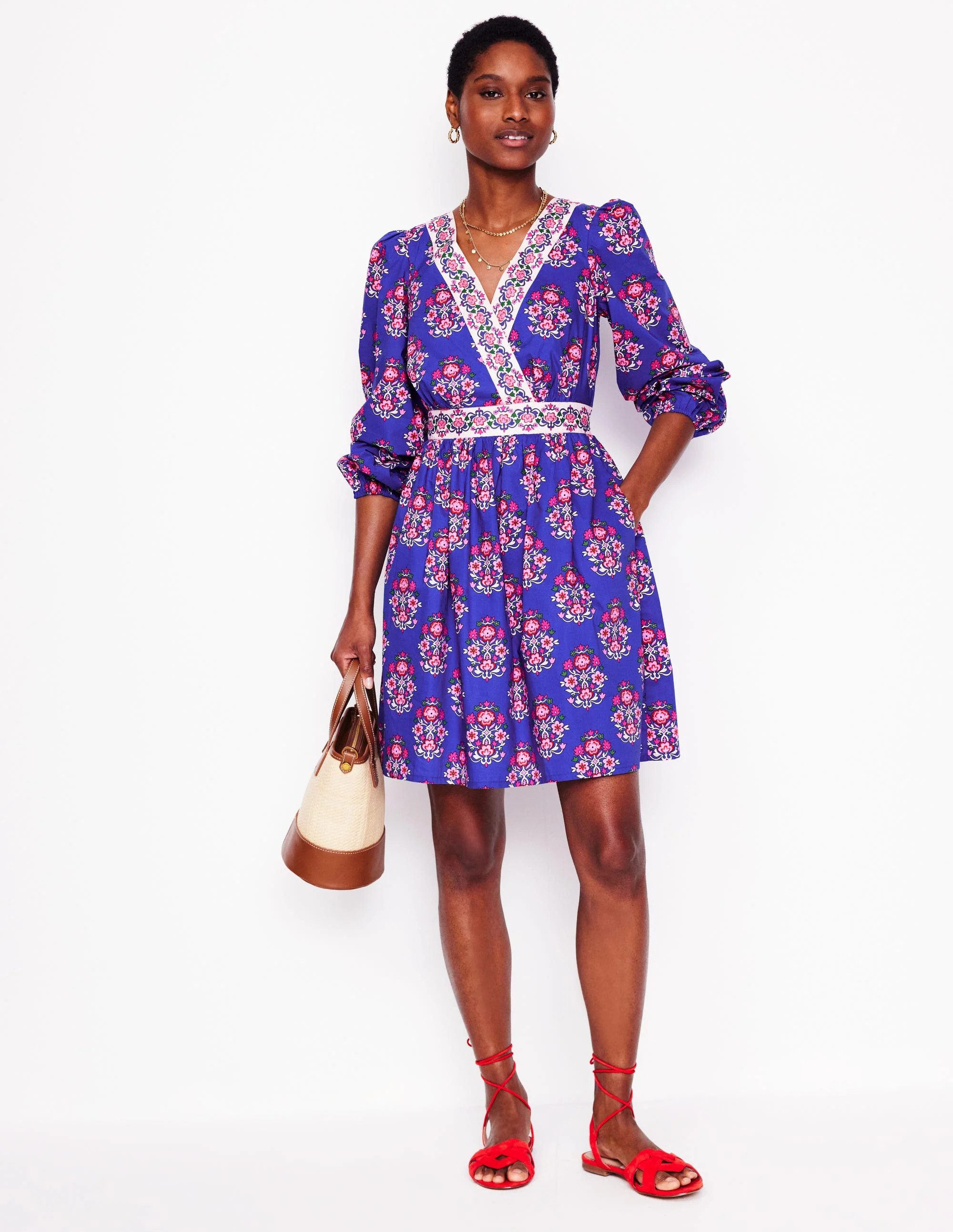 Mya Cotton Short Dress-Bright Blue, Wildflower Stamp | Boden (US)