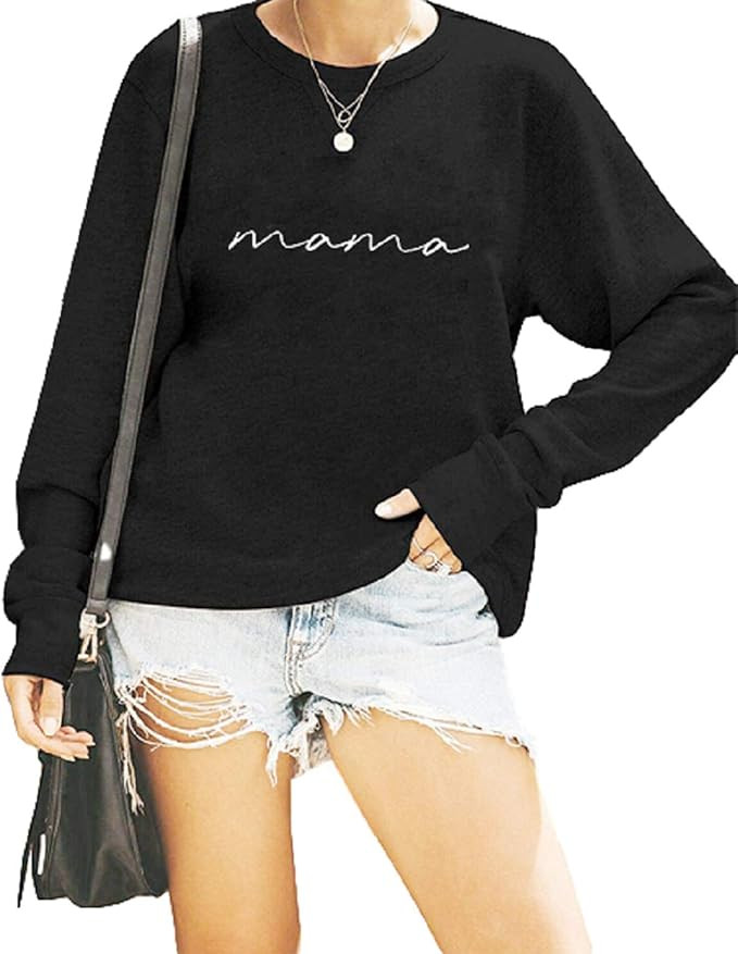 Womens Crewneck Sweatshirt Mama Letter Print Long Sleeve Loose Fashion Pullover Top | Amazon (US)