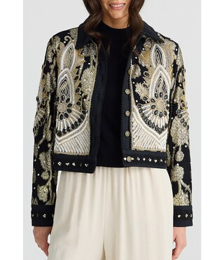 Talisman Torero Beaded Embellished Design Point Collar Button Front Denim Jacket | Dillard's | Dillard's