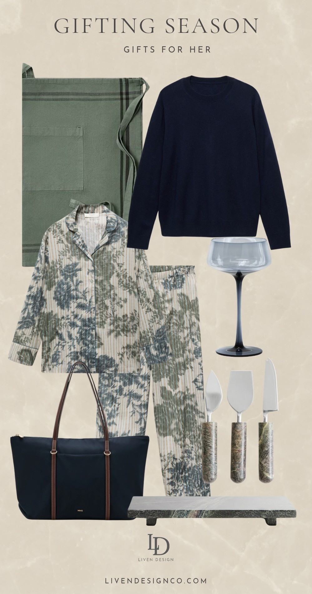 Gift guide. Gift for her. Pajamas. Navy sweater. Blue glassware. Apron. Gift for cook. Baker. Gift for host. Marble serving board. Cheese knives. Tote bag

#LTKCyberWeek #LTKGiftGuide #LTKFindsUnder100