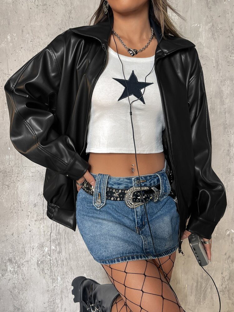 Jacke mit Drop Shoulder Reißverschluss, PU | SHEIN