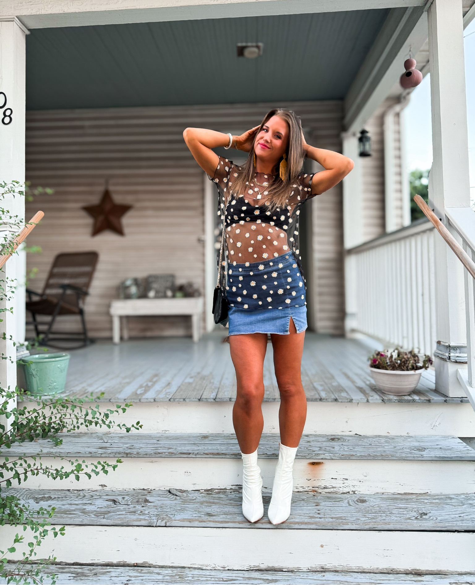 Girls night out outfit 💛 | American Eagle denim skort | aerie bralette | Target bag | Amazon heeled booties | SHEIN sheer top | summer style | summer outfit | summer fashion 
#summerstyle #fashionforwomen #outfitlook #stylediary #looksforless 

#LTKSeasonal #LTKFindsUnder50 #LTKStyleTip