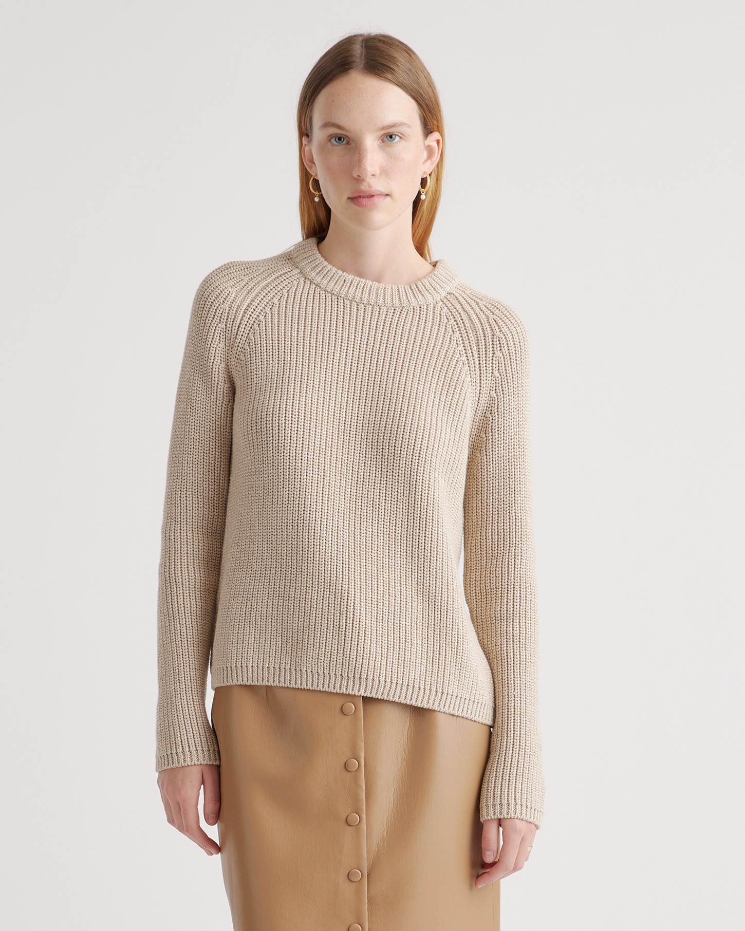 Quince | Women's Fisherman Crew Sweater in Cement Marl, Size Large, Organic Cotton | Quince