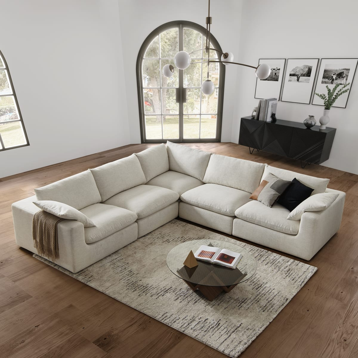 Beach Linen L-Shape Sectional Sofa with Ottoman | Dawson by Castlery, Beige, Modular, Machine Washable Covers, Feather-Filled Cushions | Castlery US