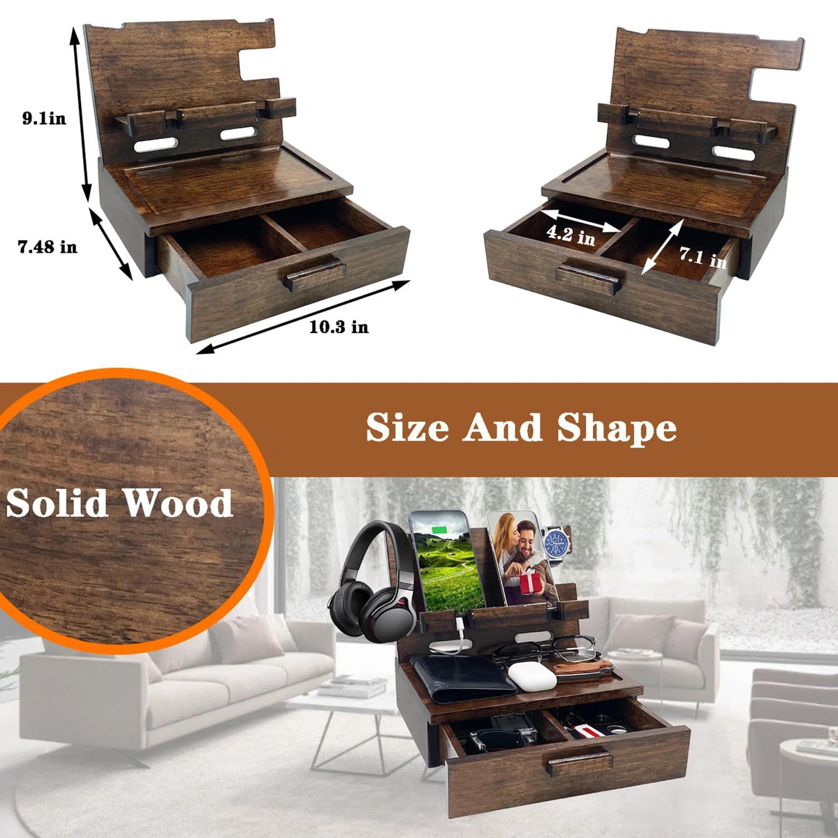 Gifts For Husband Son Boyfriend Nightstand Organizer Wood Phone Docking (Walnut) | Wayfair North America
