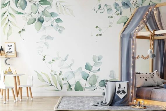 Eucalyptus Wallpaper, Leaves Wall Mural, Wall Mural, Tropical Wallpaper, Nursery Decor, Baby Room | Etsy (US)