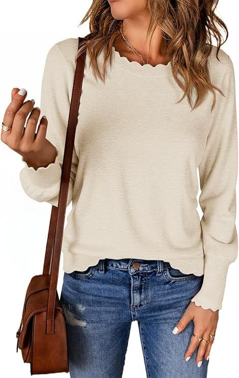 Cicy Bell Womens Crew Neck Long Sleeve Sweater Trendy Casual Scallop Trim Fall Knit Lightweight P... | Amazon (US)