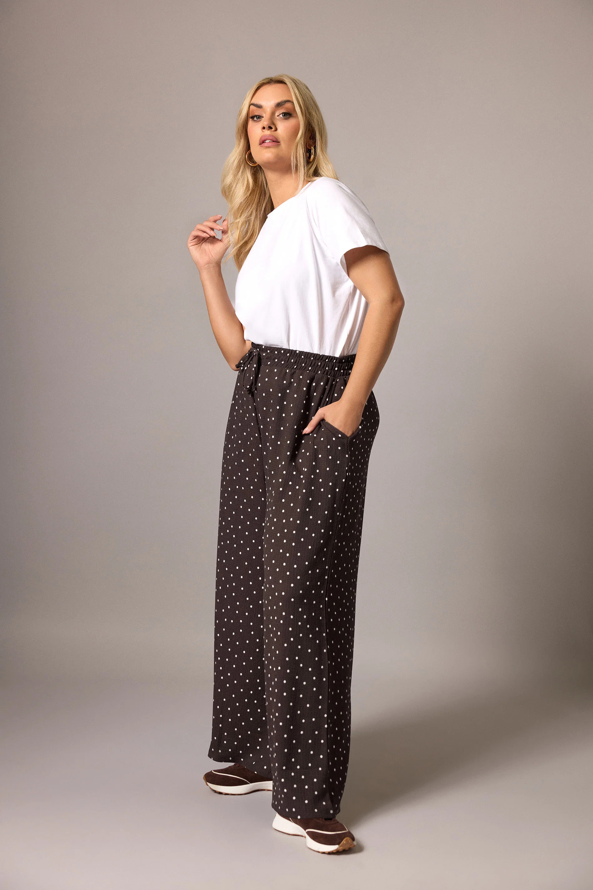 YOURS Plus Size Chocolate Brown Polka Dot Wide Leg Trousers | Yours Clothing UK