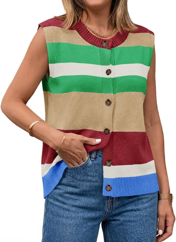Tankaneo Womens Color Block Striped Sweater Vest Tops Summer Casual Button Up Knit Sleeveless Car... | Amazon (US)