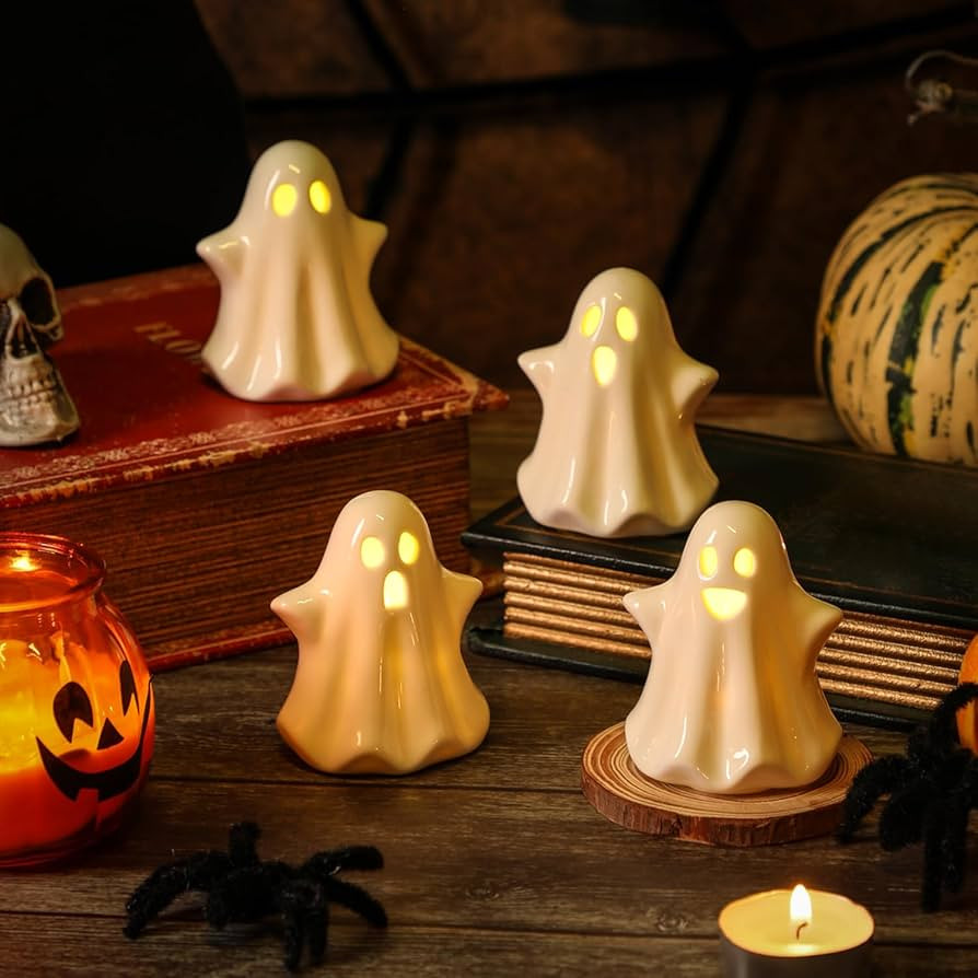 KORMMCO 4PCS Ghost Halloween Decor, Cute Ceramic Ghost Light Up Decor, Small White Ghost Figurine... | Amazon (US)