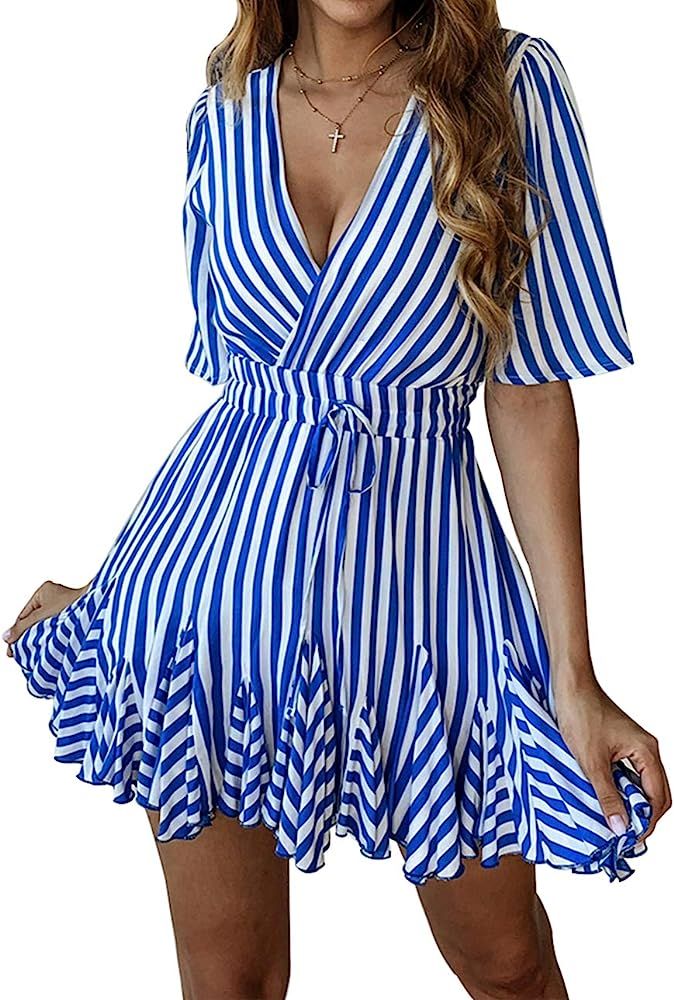 PRETTYGARDEN Women's Summer Deep V Neck Short Sleeve Striped Wrap Ruffle Hem Pleated Mini Dress | Amazon (US)