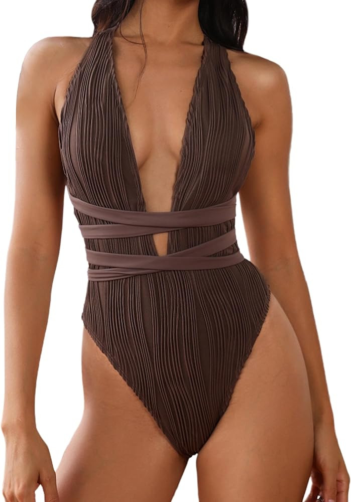 ZAFUL Women's One Piece Swimsuit Deep V Neck Ribbed Self Tie Sexy High Cut Bathing Suit Crisscros... | Amazon (US)