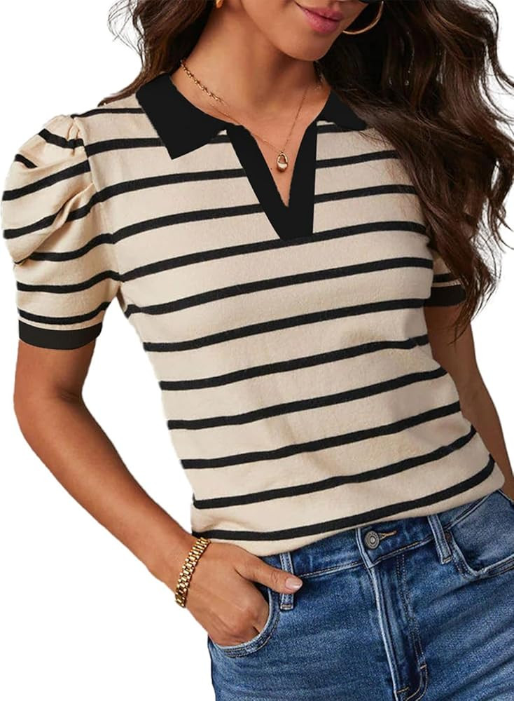 Dokotoo Womens Puff Short Sleeve Shirts Trendy V Neck Dressy Casual Knit Tops Stripes Collared T ... | Amazon (US)