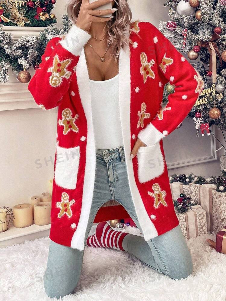 SHEIN Relaxiva Bear Pattern Dual Pocket Contrast Trim Dual Pocket Cardigan | SHEIN