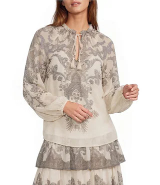 Lilith Paisley Print Voile Split V Neck Tie Front Long Sleeve Coordinating Blouse | Dillard's