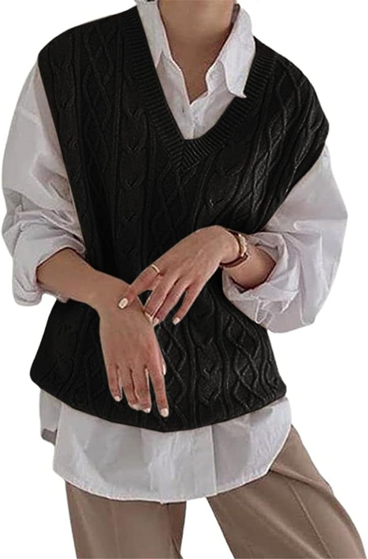 Women's V Neck Sweater Vest Oversized Sleeveless Loose Knit Tops Cable Sleeveless Sweater | Amazon (US)