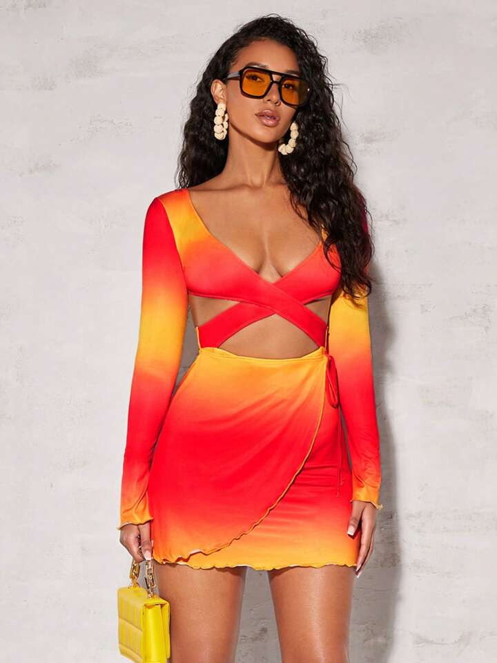 SHEIN BAE Ombre Crisscross Cut Out Wrap Knot Side Bodycon Dress | SHEIN