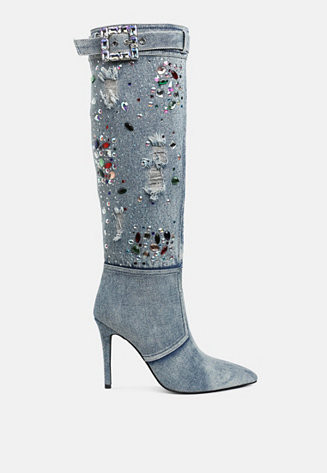 Cornik Multi Color Stones Denim Boots | Macy's