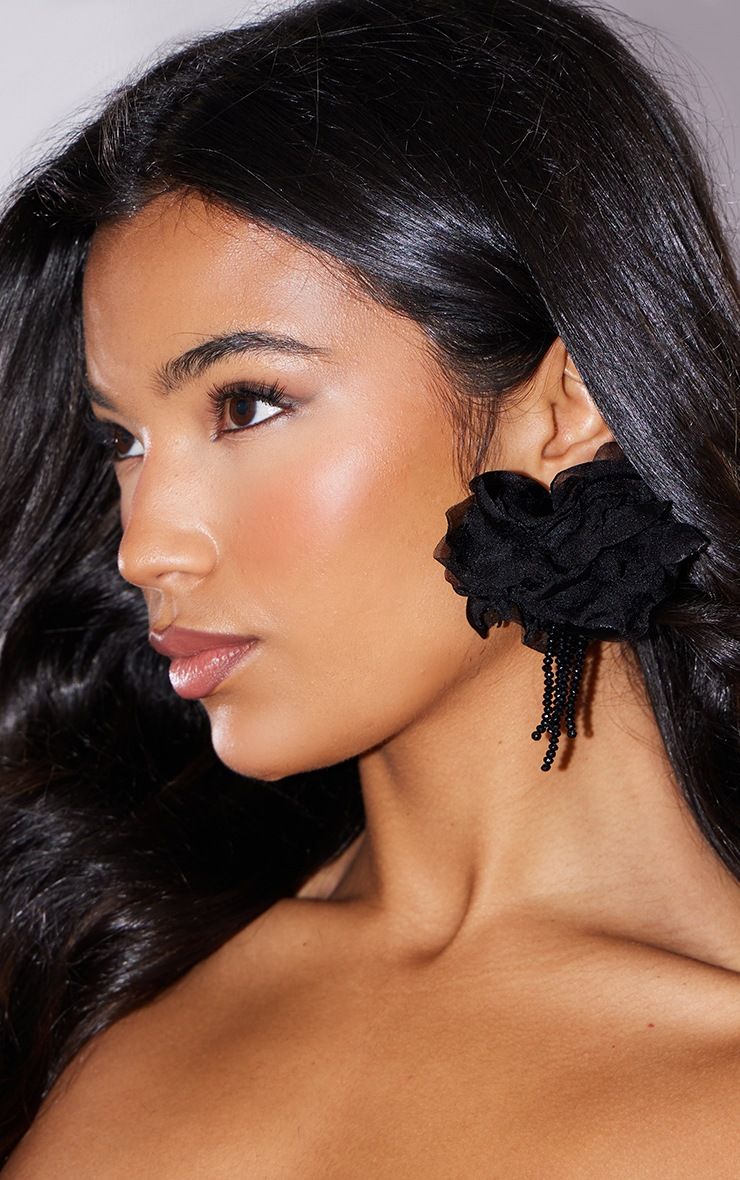 Black Flower Corsage Chiffon Statement Earrings | PrettyLittleThing US