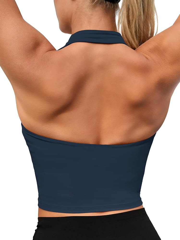 Aoysky Womens Buttery Soft Halter Workout Tank Tops with Built in Bra Cropped Padded Open Back Gy... | Amazon (US)