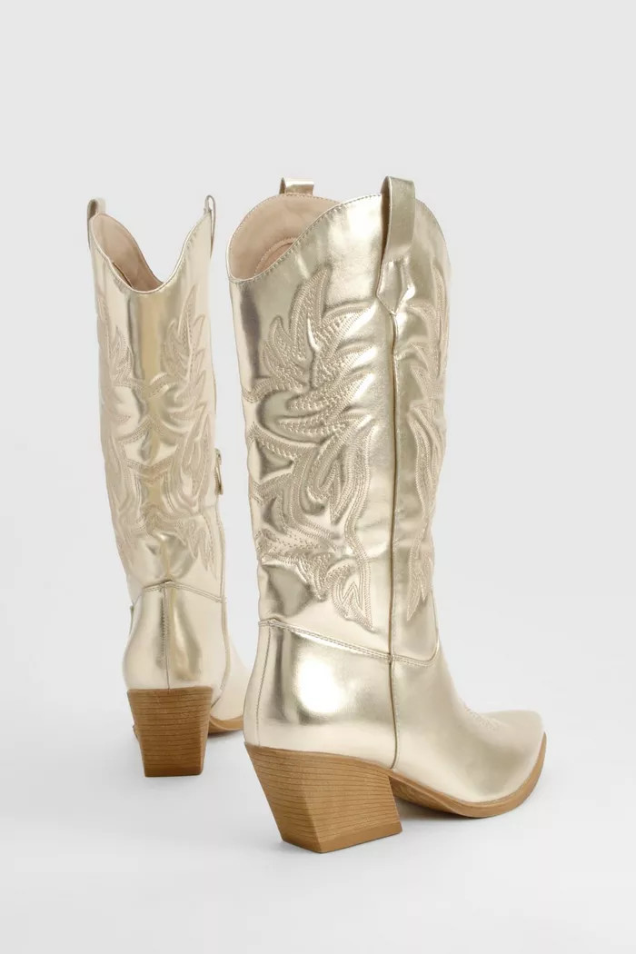 Metallic Embossed Knee High Western Cowboy Boots | Boohoo.com (UK & IE)