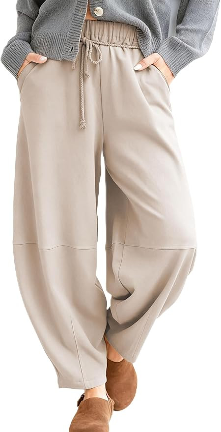 SeekMe Women's Barrel Leg Pants Drawstring Elastic Waist Palazzo Sweatpants Lounge Cotton Boho Tr... | Amazon (US)